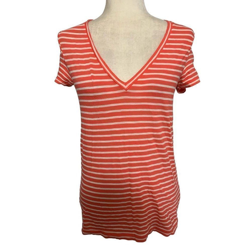 j crew womens coral pink white striped v neck short sleeve top t shirt small